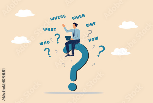 Lost in a sea of questions, this intrepid businessman begins a quest for answers. Perched atop a giant question mark, he navigates the vast landscape of the 5Ws and 1H, seeking clarity and insight.