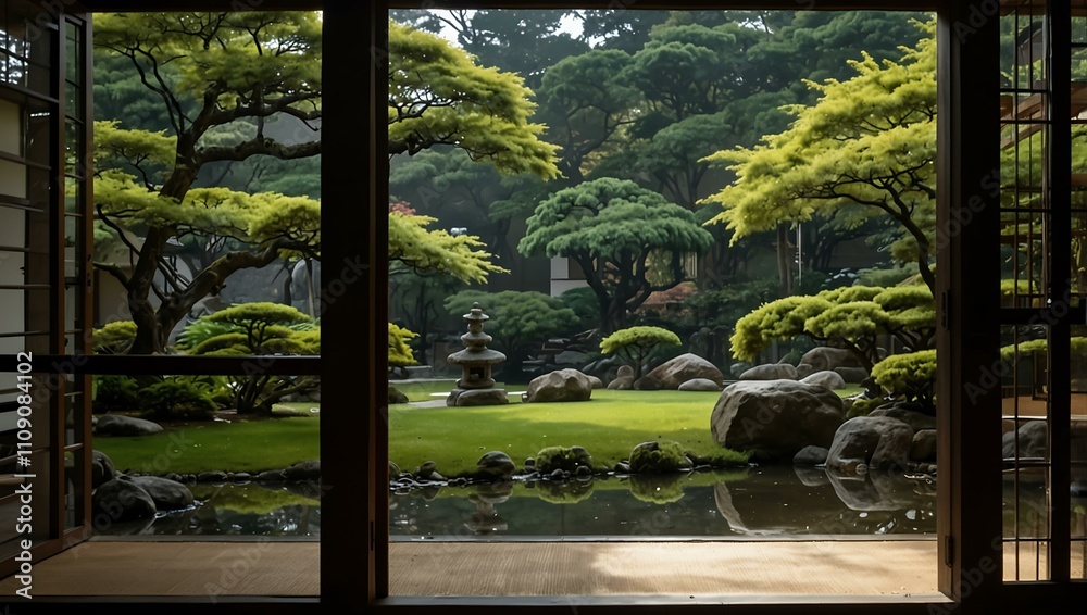 View of a Japanese garden from a residence.