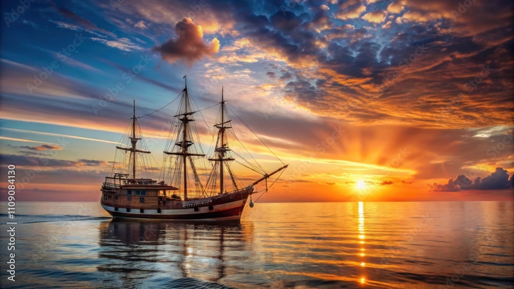 Fototapeta premium Old wooden ship sailing in the sea at sunset, sunset, ship, old, vintage, wooden, ocean, water, maritime, nautical, vessel, evening