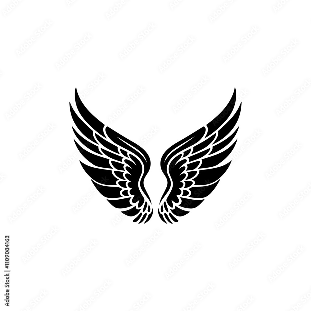 Obraz premium A pair of black wings silhouette, Wings of Cupid, Angel, eagle, hawk or falcon bird wings feather wing pair set illustration, wing vector tattoo design, wing silhouette illustration