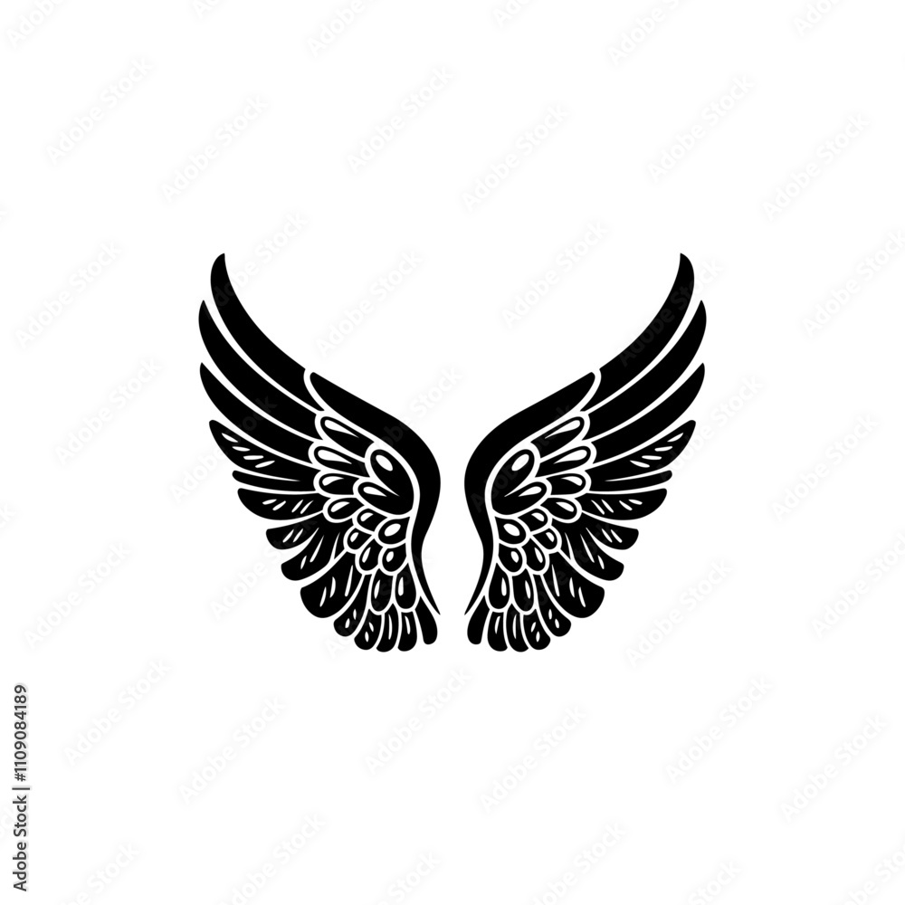 Obraz premium A pair of black wings silhouette, Wings of Cupid, Angel, eagle, hawk or falcon bird wings feather wing pair set illustration, wing vector tattoo design, wing silhouette illustration