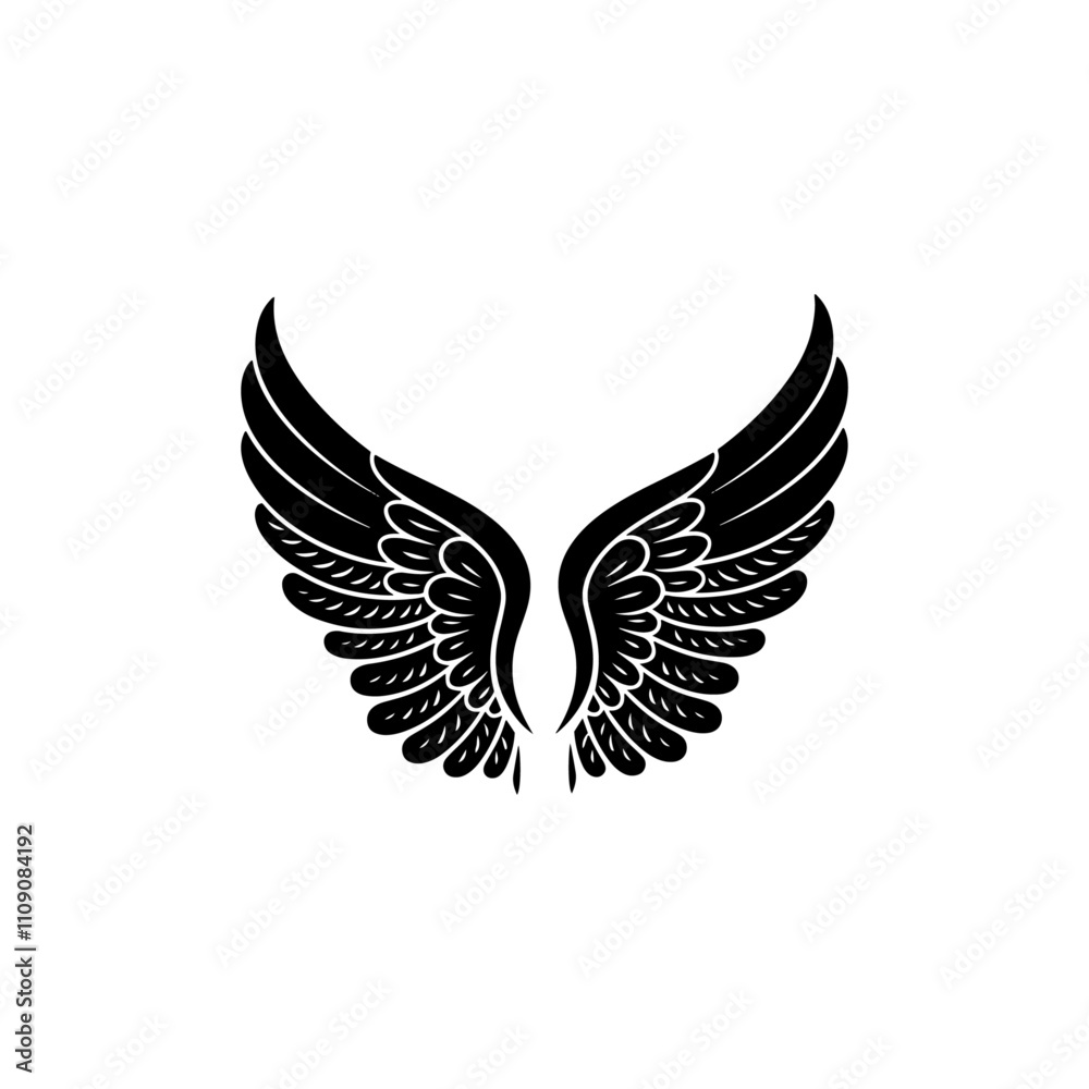 Obraz premium A pair of black wings silhouette, Wings of Cupid, Angel, eagle, hawk or falcon bird wings feather wing pair set illustration, wing vector tattoo design, wing silhouette illustration