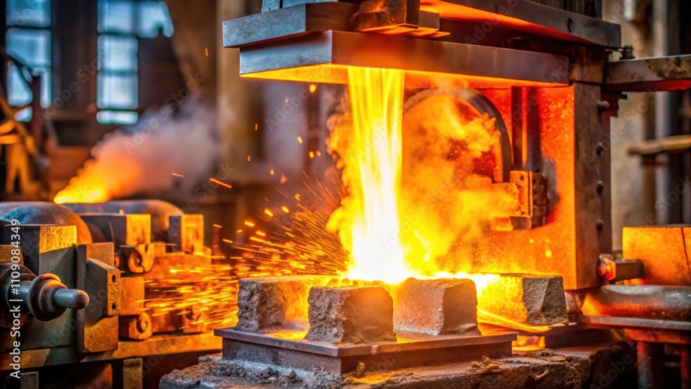 Close up of metal forging process in a hot workshop furnace, metal, forging, process, metallurgical plant, production Close up of metal forging process in a hot workshop furnace, metal, forging, process, metallurgical plant, production