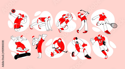 Athletes and sports equipment. Professional
football players, tennis players, runners, karate players, track and field athletics, hockey players, fencer, golfer, skateboarder. Flat illustration 