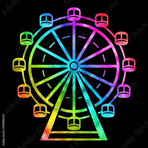 観覧車の虹色グラデーションのシルエットイラスト　黒背景の切り抜き
