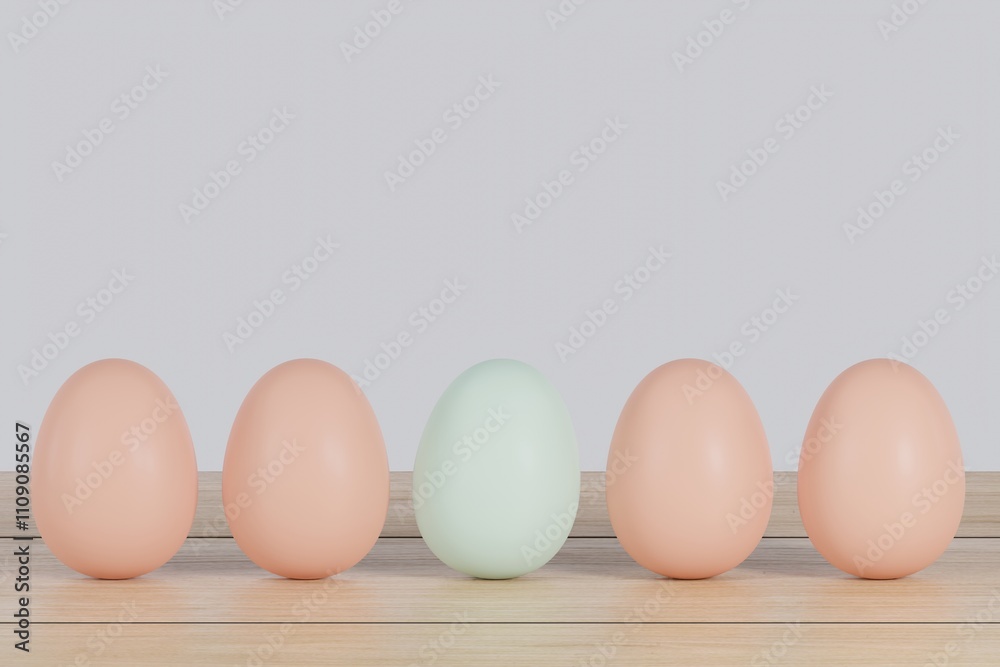 Neatly lined up eggs with one egg that stands out Neatly lined up eggs with one egg that stands out