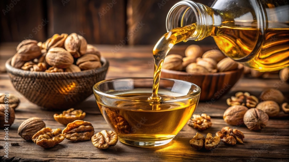 Fototapeta premium Cinematic shot of unrefined walnut oil being poured into a container , walnut oil, unrefined, organic, natural, pouring