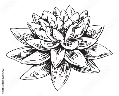 Sketch of water lily plant. Lotus flower bud in engraving style. Botanical vector illustration isolated on white.