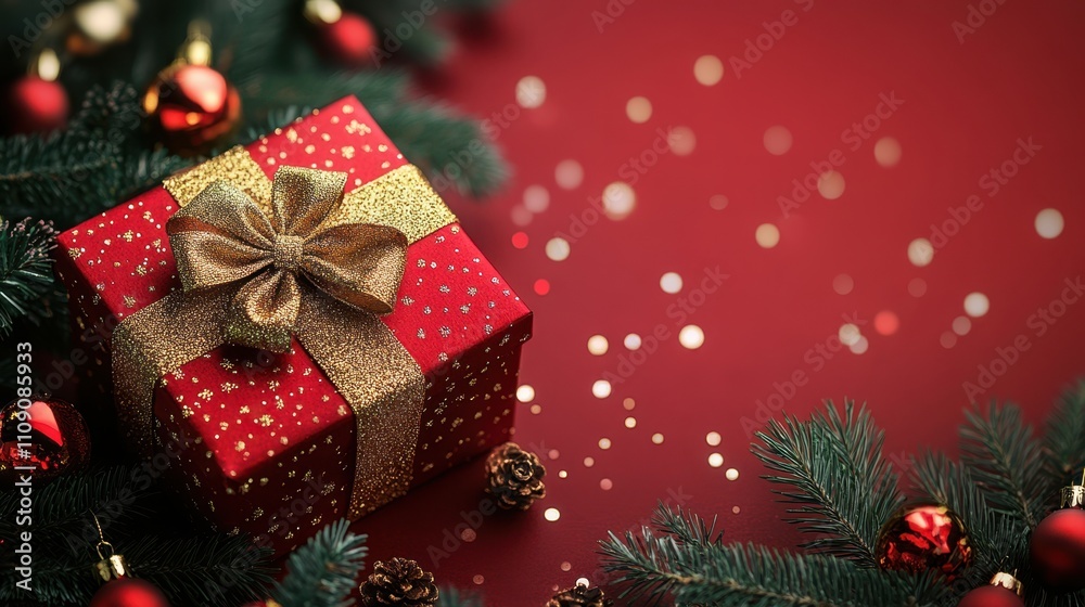A beautifully wrapped red gift box adorned with a gold ribbon sits among festive decorations, Perfect for holiday marketing, invitations, or social media posts related to Christmas celebrations,