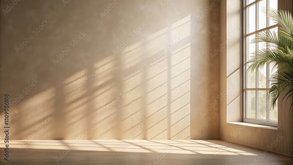 Fototapeta premium Sunlight streaming through a window casts geometric shadows on a beige wall and wooden floor