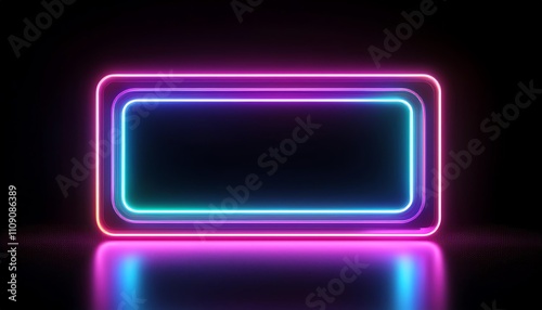 A vibrant neon rectangular frame with glowing edges set against a dark background, creating a striking visual contrast.