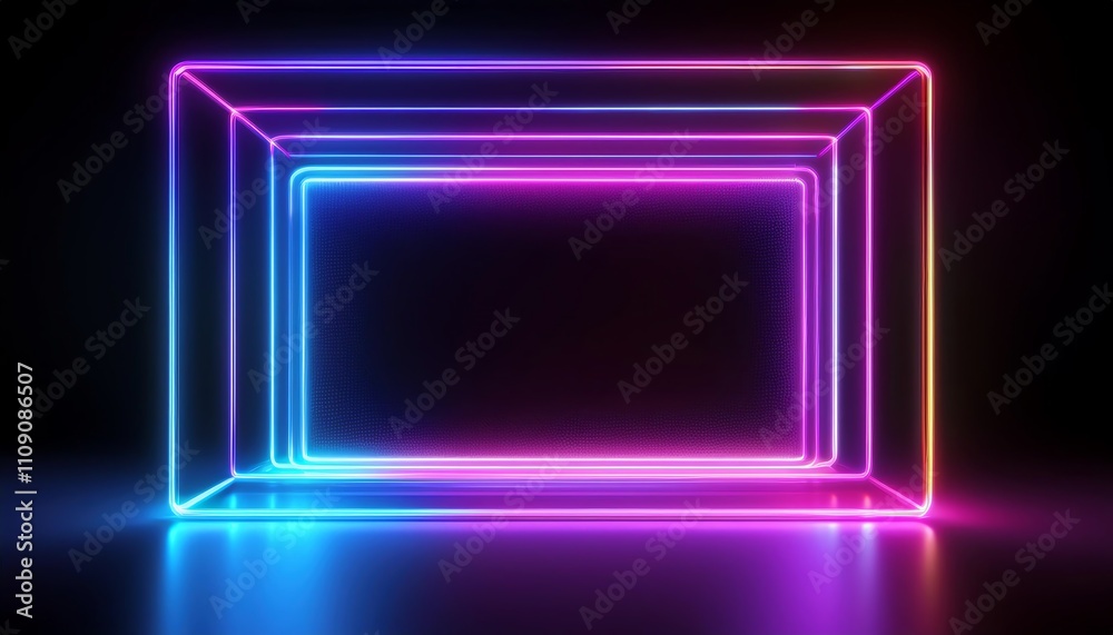 A glowing neon frame in vibrant colors creates a captivating digital space, set against a dark background. A glowing neon frame in vibrant colors creates a captivating digital space, set against a dark background.