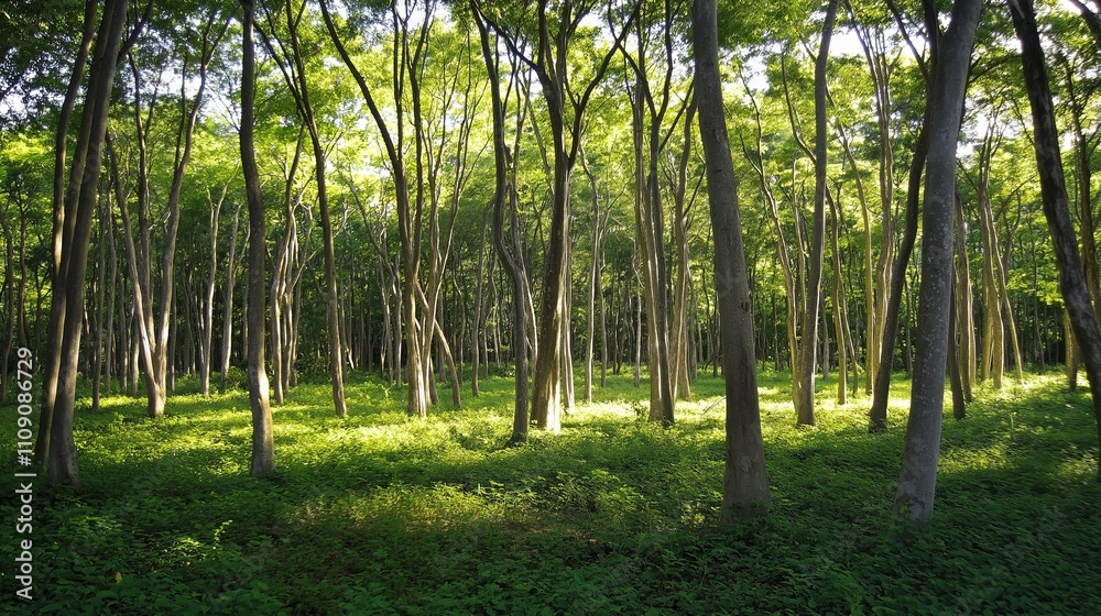 Obraz premium Sunlit forest with tall trees