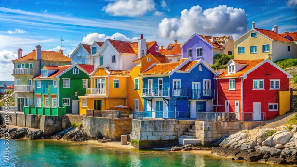 Obraz premium Vibrant and colorful houses lining the streets of Peniche fishing village in Portugal, Portugal, Peniche, fishing village