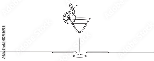 Continuous line, Cocktails in margarita glasses. vector illustration
