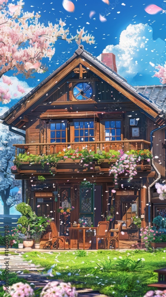 Fototapeta premium A charming two-story house with a lush garden, blooming flowers, and wooden furniture under a clear blue sky, evoking a serene and inviting atmosphere