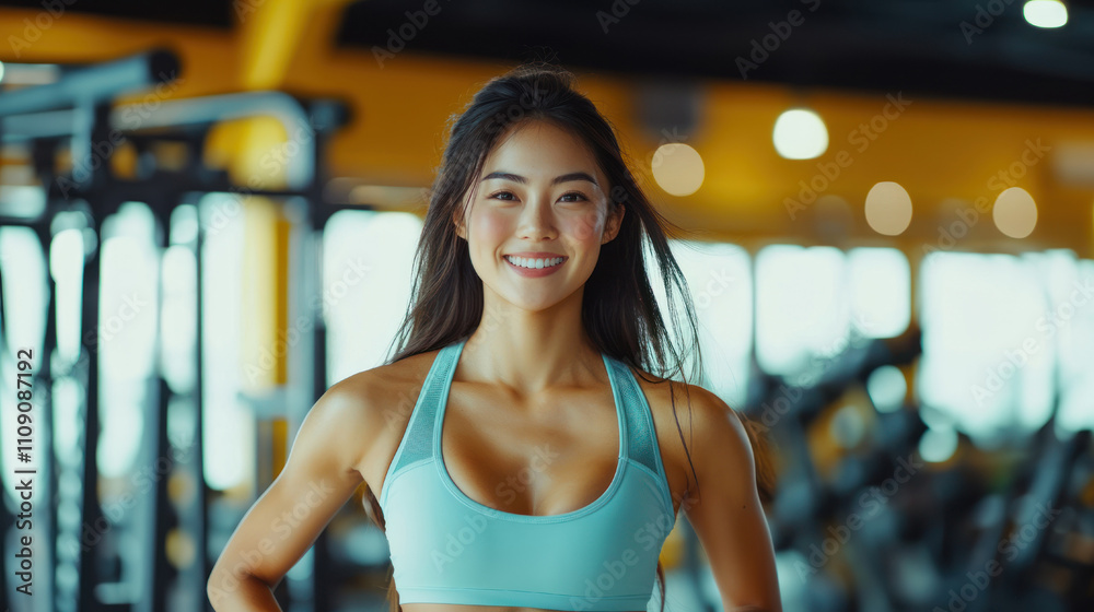 fitness training, workout banner with copy space. young smiling asian woman in gym wearing athletic sportswear. energy, commitment to healthy lifestyle and personal wellness fitness training, workout banner with copy space. young smiling asian woman in gym wearing athletic sportswear. energy, commitment to healthy lifestyle and personal wellness
