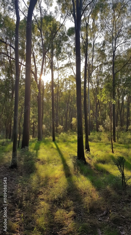 Obraz premium Sunlit forest with tall trees