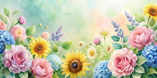 A vibrant floral bouquet featuring sunflowers, roses, and hydrangeas, painted in a watercolor style with a soft, dreamy background.