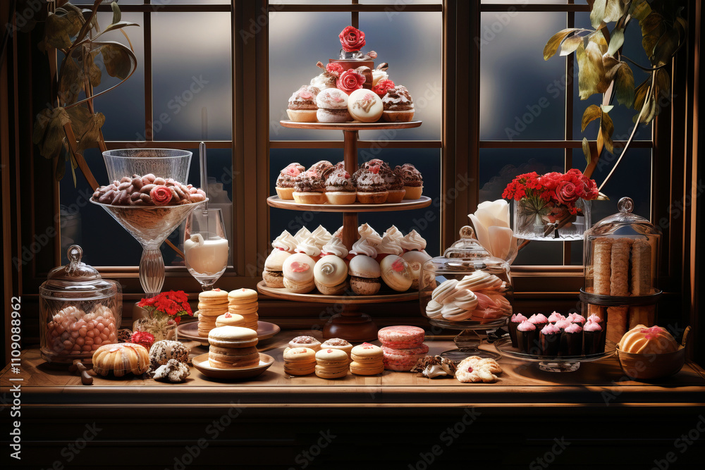 Fototapeta premium Bakery window display with tempting treats on view.