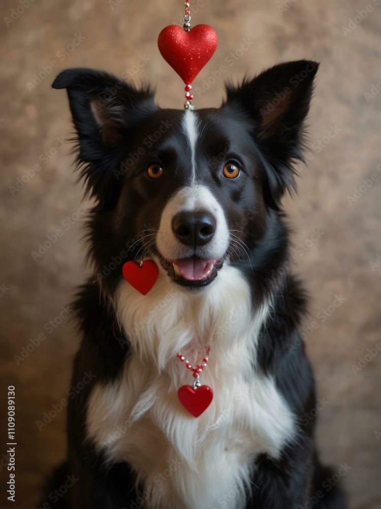 Fototapeta premium Valentine's Day Border Collie with heart decorations.