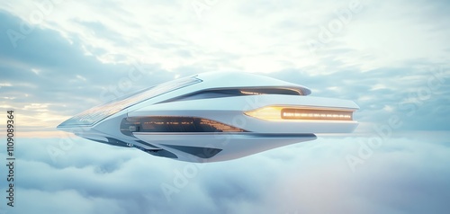 Wallpaper Mural Futuristic spaceship soaring above clouds. Sleek design, white exterior, glowing lights.  Concept of space travel, future technology. Torontodigital.ca
