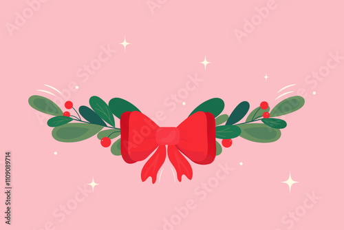 merry christmas bowtie with leaves and berries design, winter season and decoration theme Vector illustration