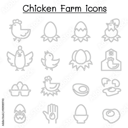 Egg & Chicken farm icon set in thin line style