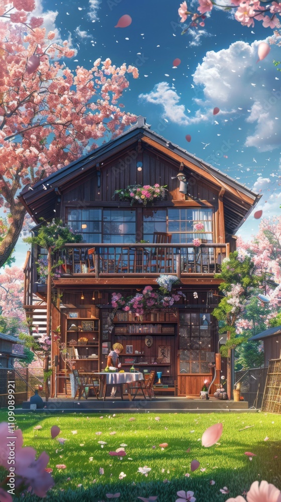 Obraz premium A charming two-story house with a lush garden, blooming flowers, and wooden furniture under a clear blue sky, evoking a serene and inviting atmosphere