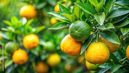 Citrange Trifoliate Hybrid citrus ripening on tree with green leaves, citrus, hybrid, fruit, tree, ripening, green leaves photo