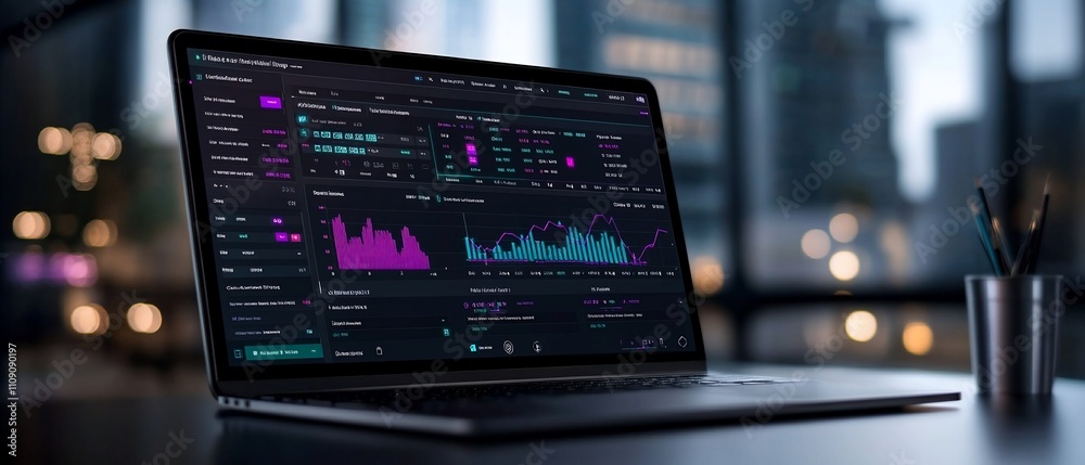 A laptop displaying data analytics and financial graphs. A laptop displaying data analytics and financial graphs.