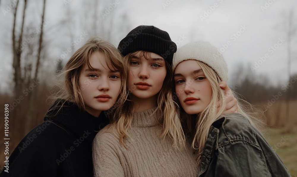 Three young women outdoors in winter clothing Three young women outdoors in winter clothing