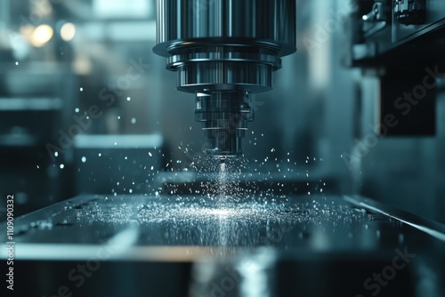 A close-up shot of a precision milling machine in action, showcasing metal shavings and coolant droplets, Ideal for manufacturing, engineering, or industrial design projects,