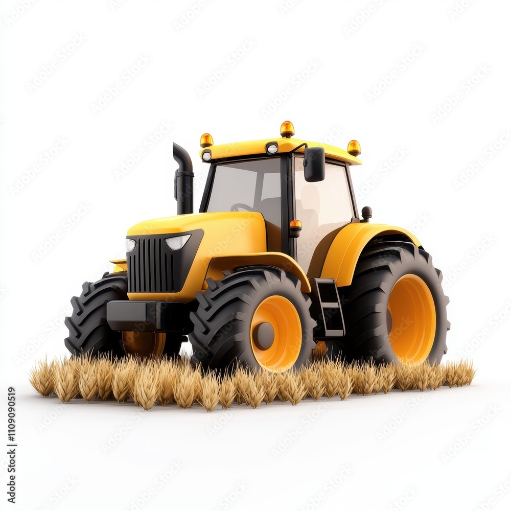 A vibrant yellow tractor surrounded by stylized hay, perfect for agricultural themes in advertising, brochures, or educational materials related to farming and machinery A vibrant yellow tractor surrounded by stylized hay, perfect for agricultural themes in advertising, brochures, or educational materials related to farming and machinery