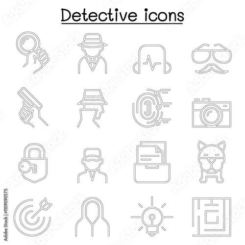 Detective icon set in thin line style