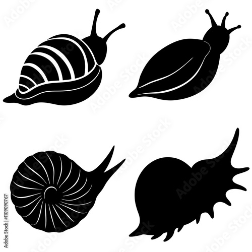 Set of predatory sea snails,snail silhouette vector illustration on white background.