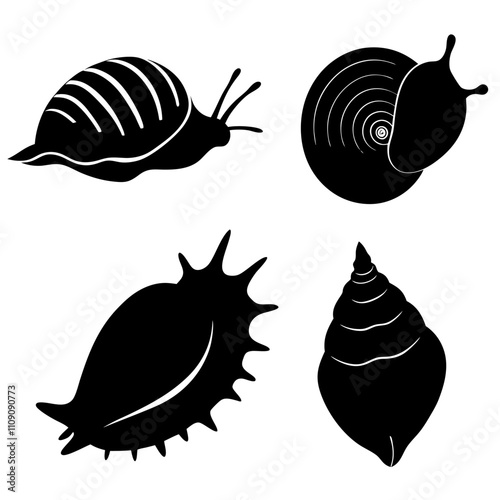 Set of predatory sea snails,snail silhouette vector illustration on white background.