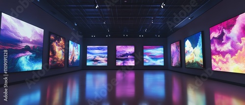 Modern art gallery interior with vibrant, large-scale digital paintings on display.  Illuminated walls showcase diverse artistic styles. photo