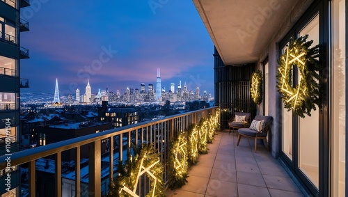 Modern balcony geometric wreaths stylish Christmas lights and a view of the glittering city skyline during the holidays photo