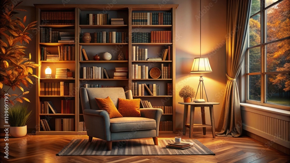 Fototapeta premium Cozy room with armchair, bookshelf, and autumn evening ambiance, cozy, room, armchair, bookshelf, autumn, evening