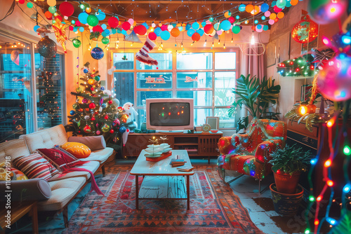 Charming retro living room filled with festive decorations and warm lights photo