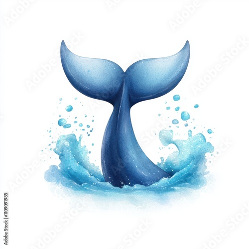 A vibrant illustration of a whale tail emerging from water, splashing dynamic droplets, ideal for marine-themed projects, environmental awareness campaigns, or children's educational materials, photo