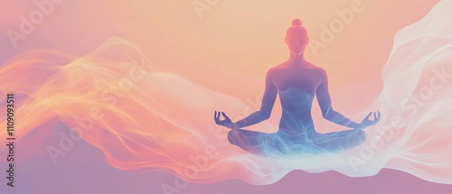 Serene woman meditating in lotus pose against a pastel, flowing background.  Perfect for wellness, yoga, mindfulness, and spirituality themes. photo