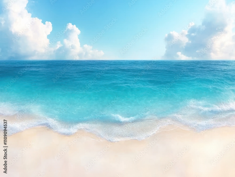 Fototapeta premium A serene beach scene with turquoise waters gently lapping at a sandy shore under a bright blue sky dotted with fluffy clouds, perfect for travel ads, relaxation themes, or nature-related content,