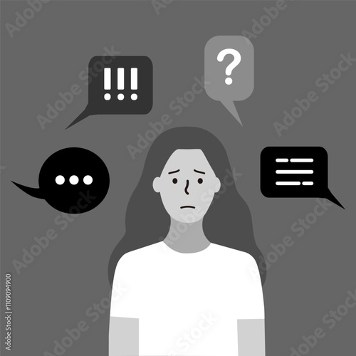 Depressed woman with negative speech bubbles. Bullying, mental health, anxiety, public disapproval concept. Flat vector character design isolated illustration.