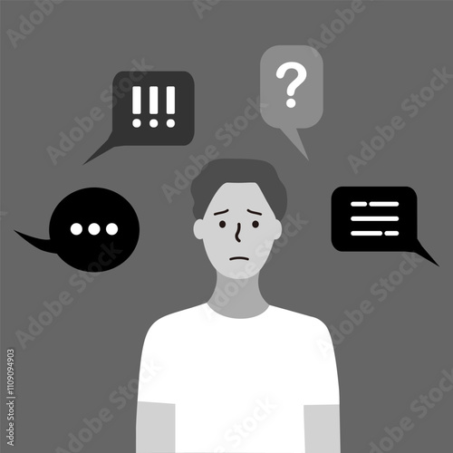 Depressed man with negative speech bubbles. Bullying, mental health, anxiety, public disapproval concept. Flat vector character design isolated illustration. photo