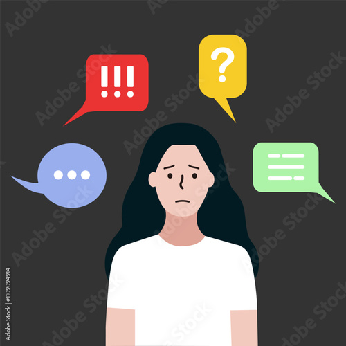 Depressed woman with negative speech bubbles. Bullying, mental health, anxiety, public disapproval concept. Flat vector character design isolated illustration.