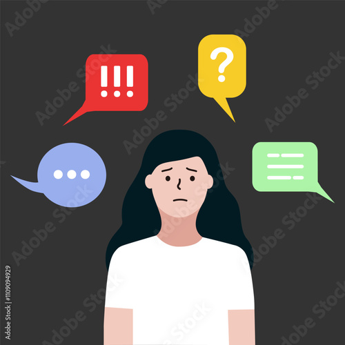 Depressed teenage girl with negative speech bubbles. Bullying, mental health, anxiety, public disapproval concept. Flat vector character design isolated illustration.