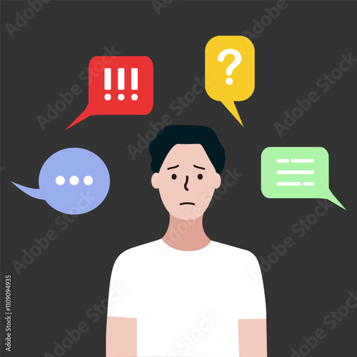 Depressed man with negative speech bubbles. Bullying, mental health, anxiety, public disapproval concept. Flat vector character design isolated illustration.