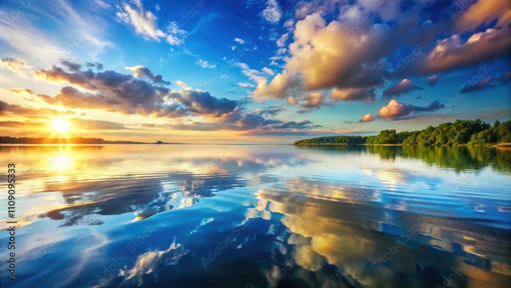 Fototapeta premium Tranquil image of water surface with vibrant reflections, serenity, peaceful, tranquility, reflection, ripples, lake, ocean, nature